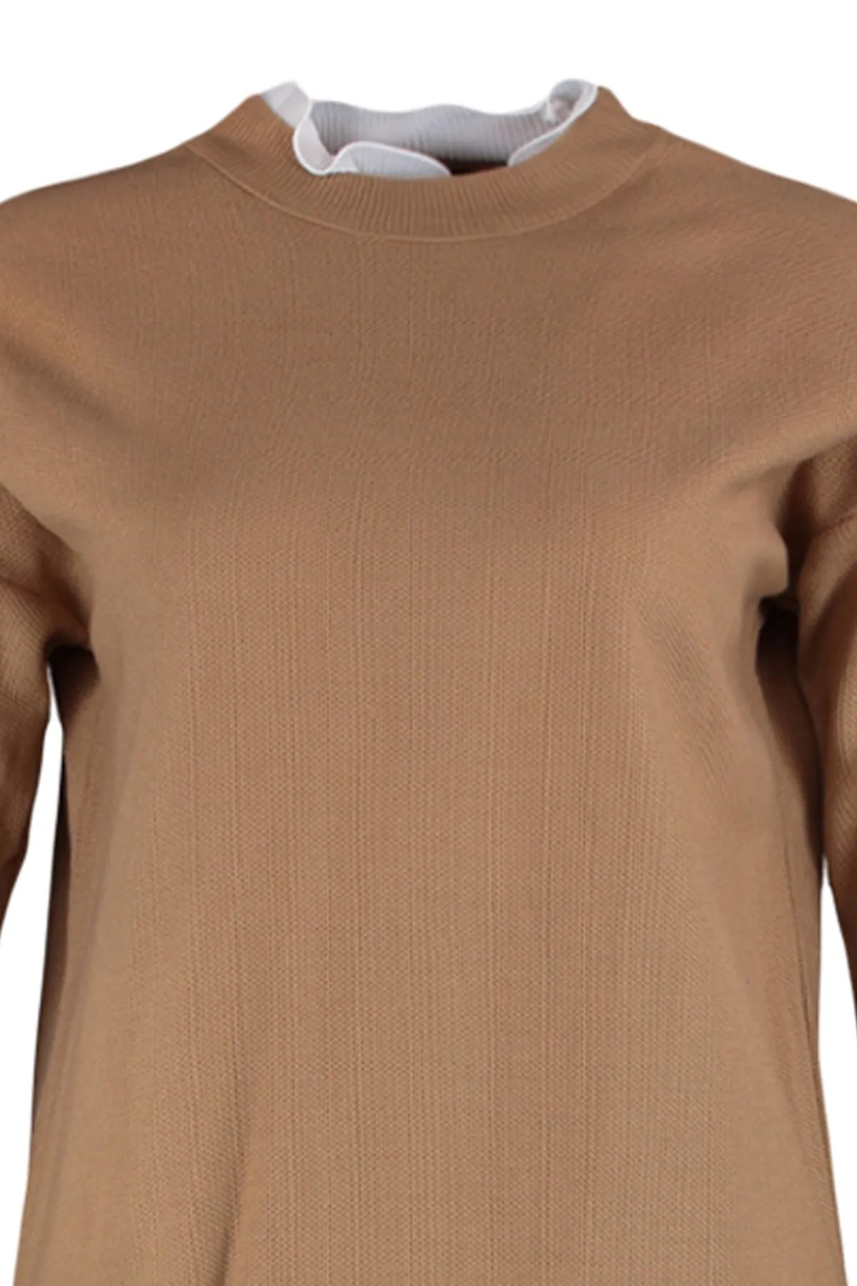 Trendyol Modest  Kamelfarbenes Strickset aus Pullover und Hose mit Perlen- und Tülldetails TCTAW23US00088