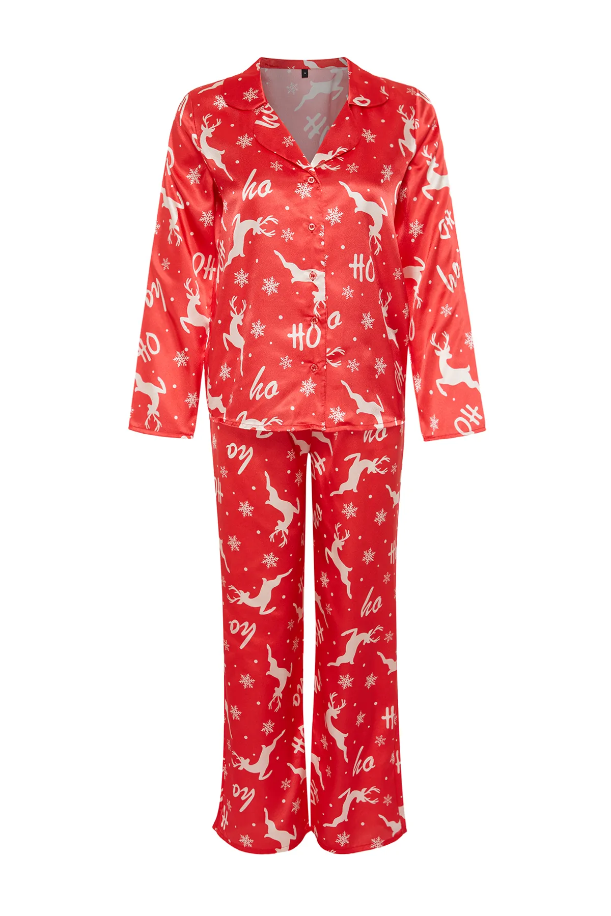 Trendyol Collection  Rotes, gewebtes Pyjama-Set aus Hemd und Hose aus Satin mit Neujahrsmotiv THMAW24PT00037