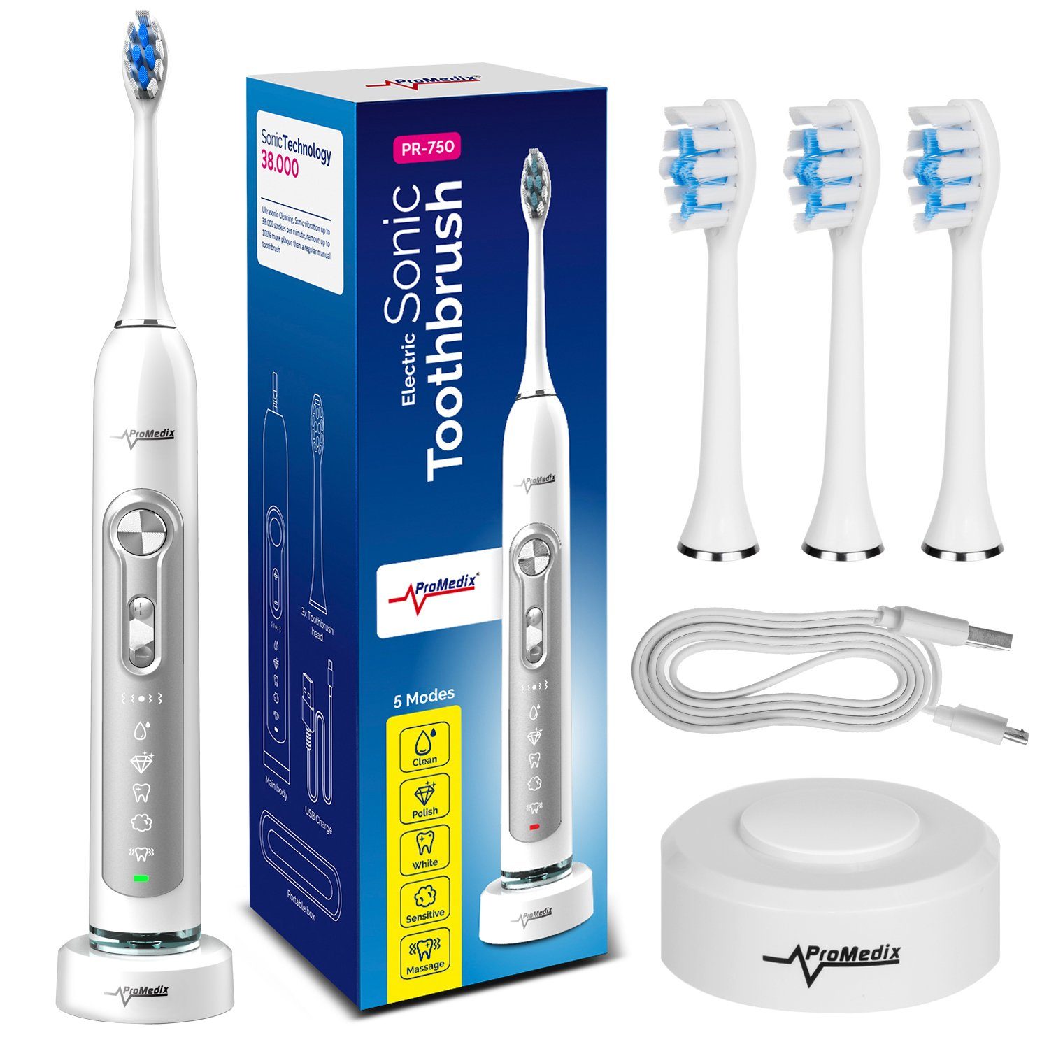 Promedix Schallzahnbürste PR-750, Aufsteckbürsten: 3 St., inkl. Ladestation & Reise-Etui; 5 Putzprogramme; Timer-Funktion; IPX7