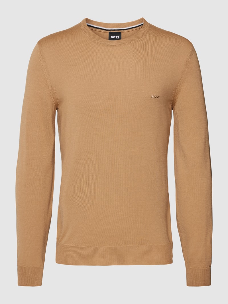 Strickpullover aus Schurwolle mit Label-Stitching Modell 'Otto' in beige