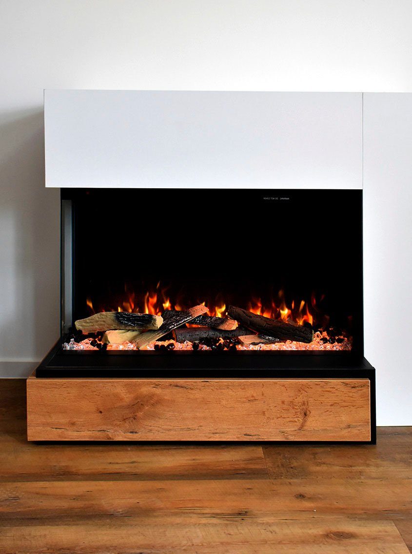 GLOW FIRE Elektrokamin Einstein rechts E-Motion 3D LED, täuschend echte Flamme mit Heizung, Kristall- und Holz Dekoration