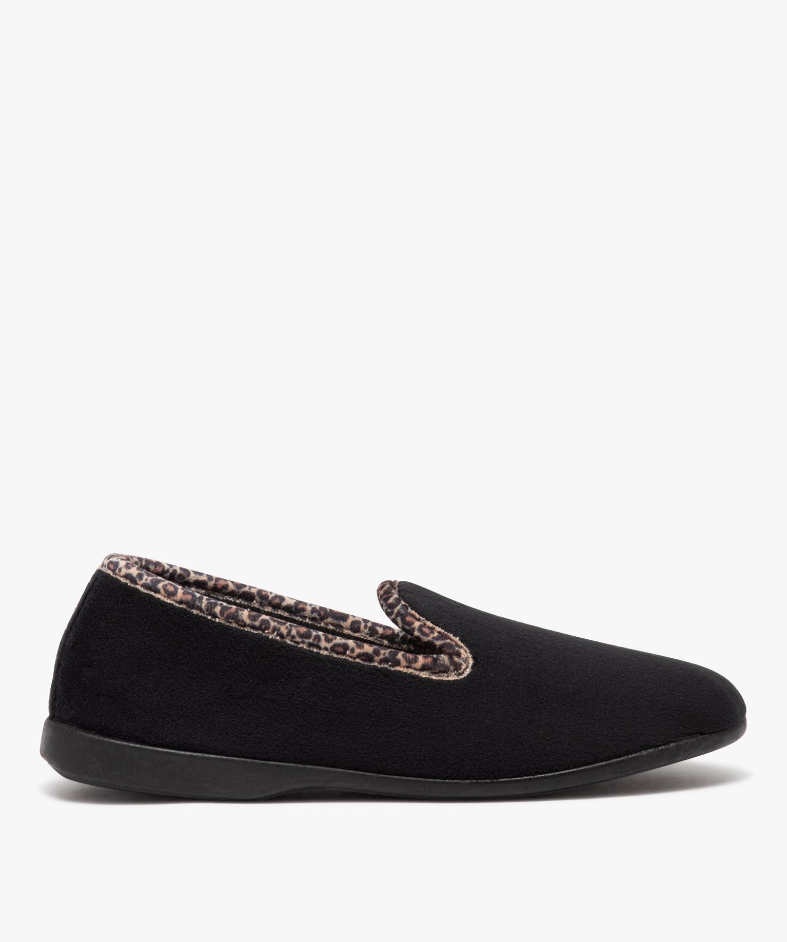 Chaussons femme pantoufles unies à col motif léopard noir | GEMO