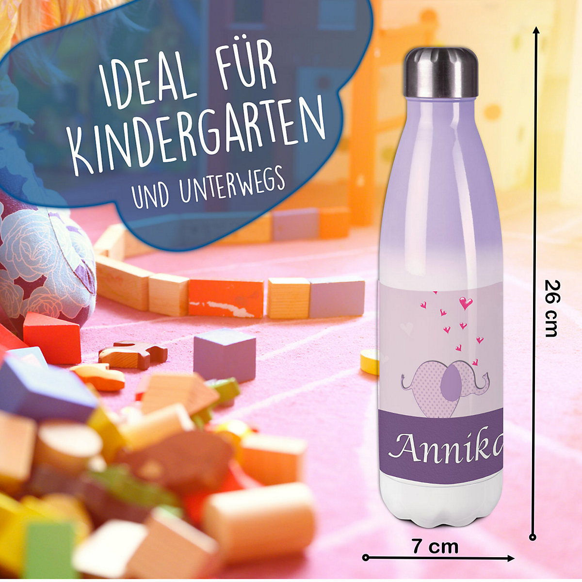 Edelstahl Kinder Thermoflasche / Trinkflasche bunt Elefant Farbe lila Spülmaschinenfest, Auslaufsicher, Bruchfest, Doppelwandig, Für Heißgetränke geeignet, Mit Deckel, Isoliert