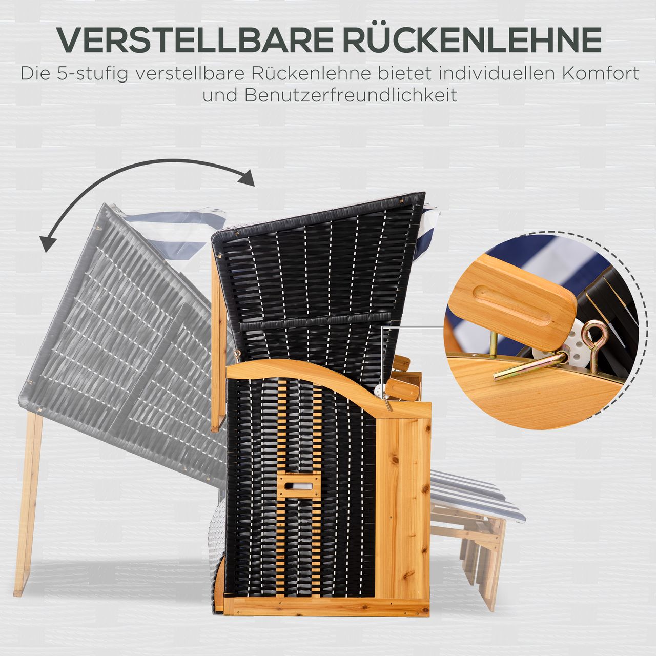 Outsunny Strandkorb Doppelte Sonnenliege mit Dach Doppelliege mit Getränkehaltern Chaiselongue 5-stufige Rückenlehne PE-Rattan Blau Weiß 118 x 79 x 150 cm