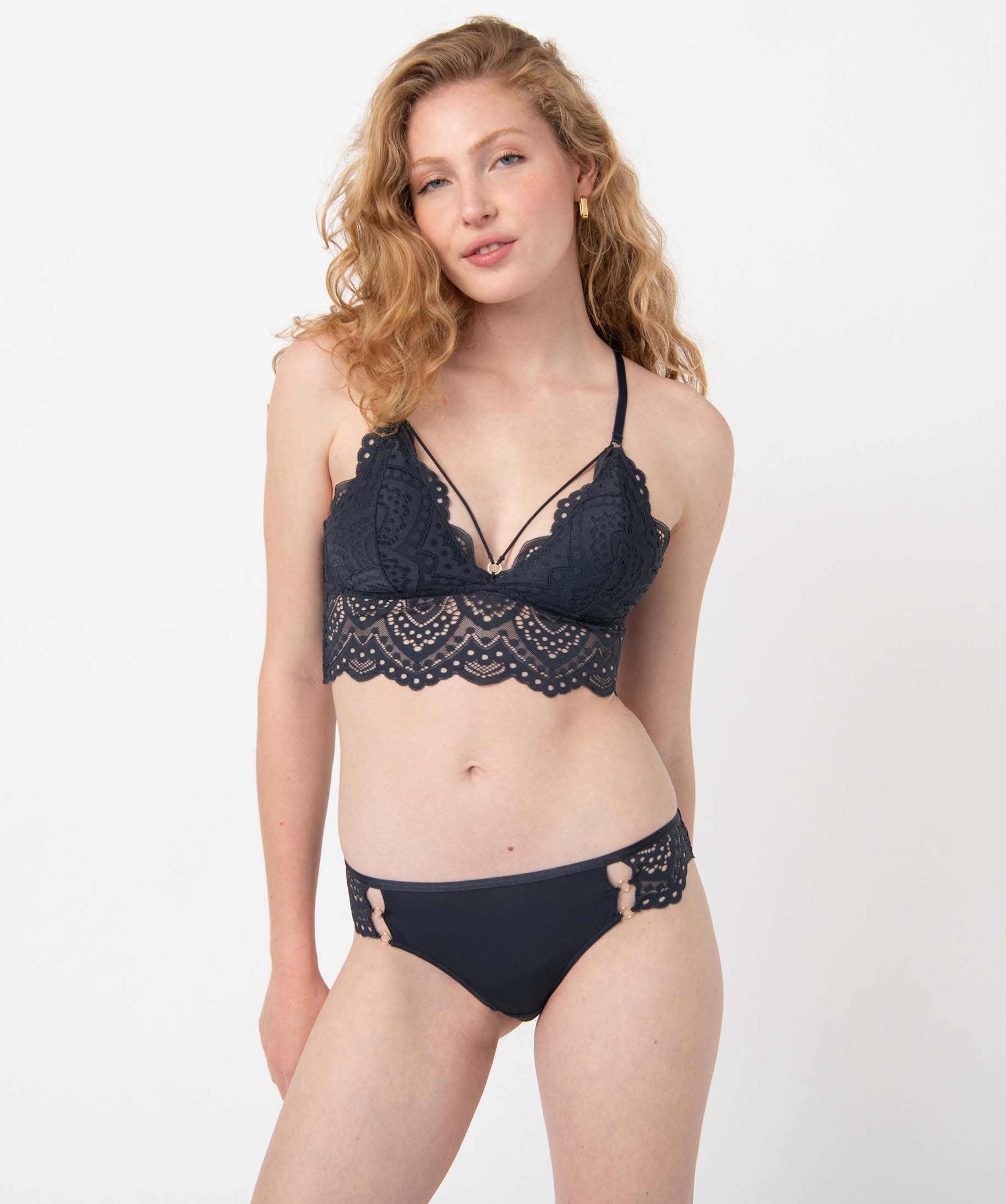 Tanga femme en microfibre et dentelle bleu fonce | GEMO