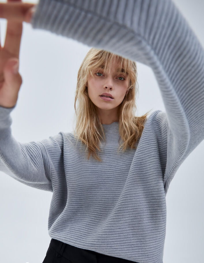 Pull gris tricot côtelé col bateau Femme