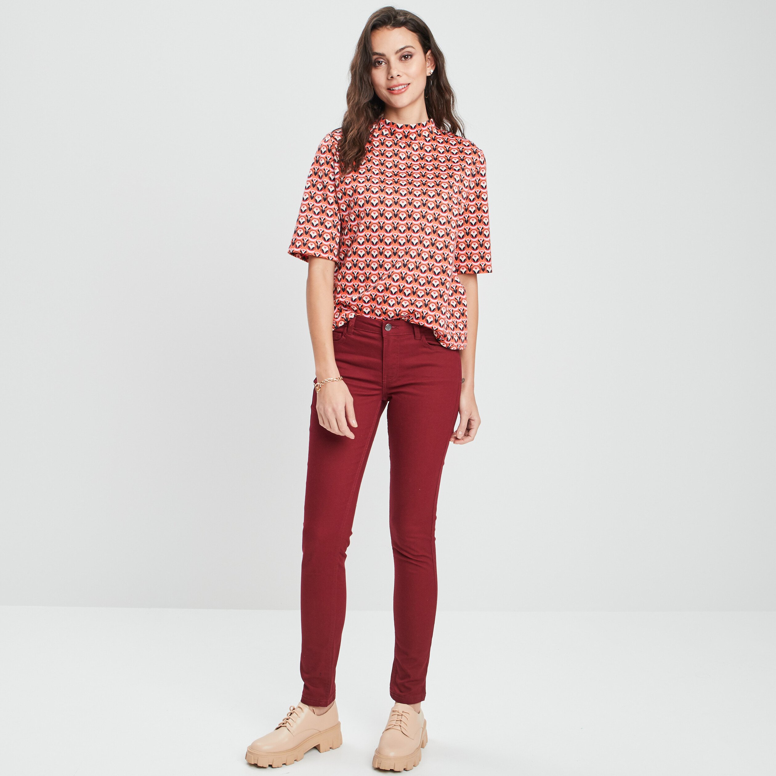T-shirt avec col montant orange corail femme | La Halle