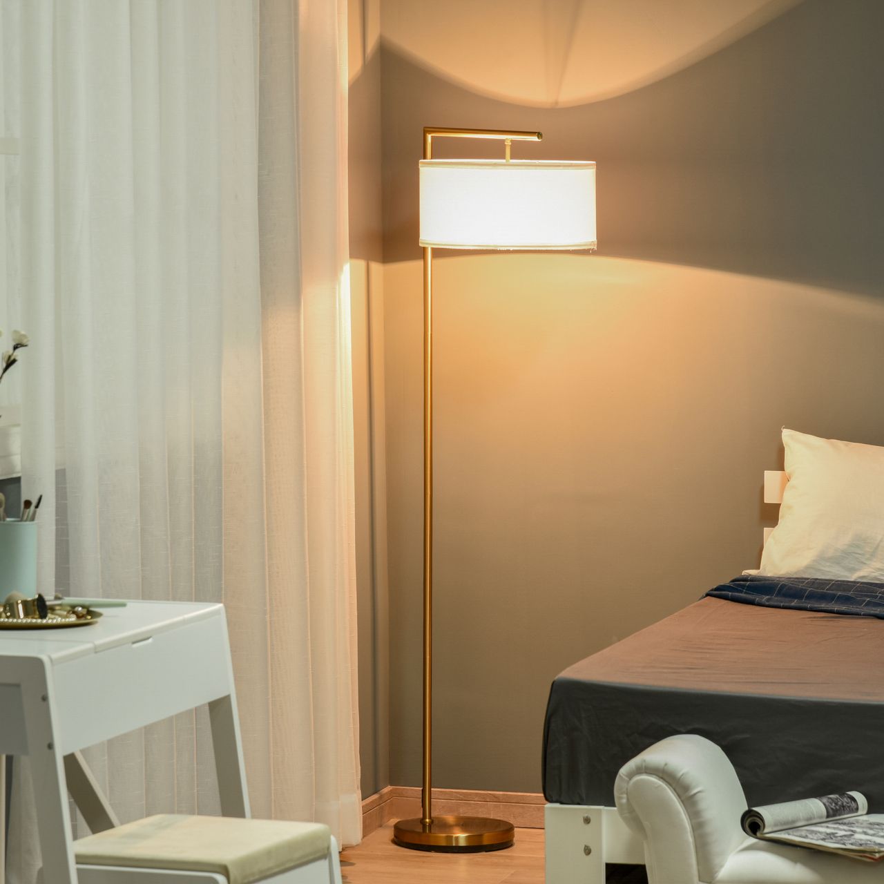 HOMCOM Stehlampe für Wohnzimmer Schlafzimmer Büro Gold/Weiß E27 Sockel
