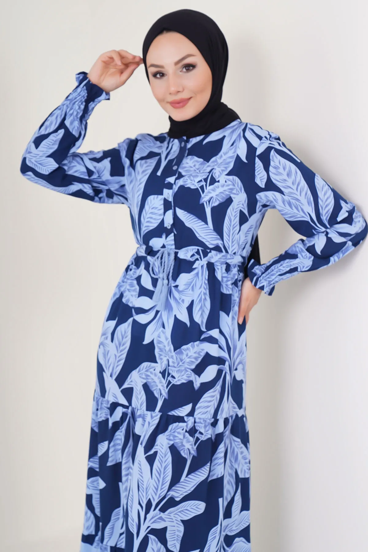 Bigdart  2145 Gemustertes Hijab-Kleid – Marineblau
