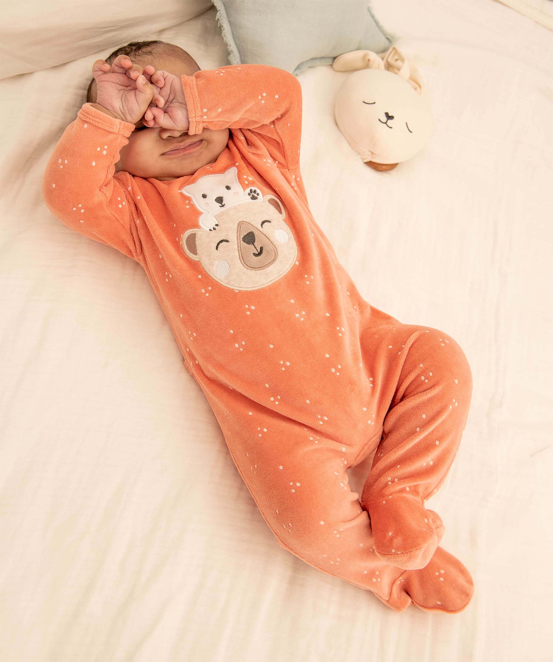 Pyjama bébé à pont-dos en velours à motifs ours orange | GEMO