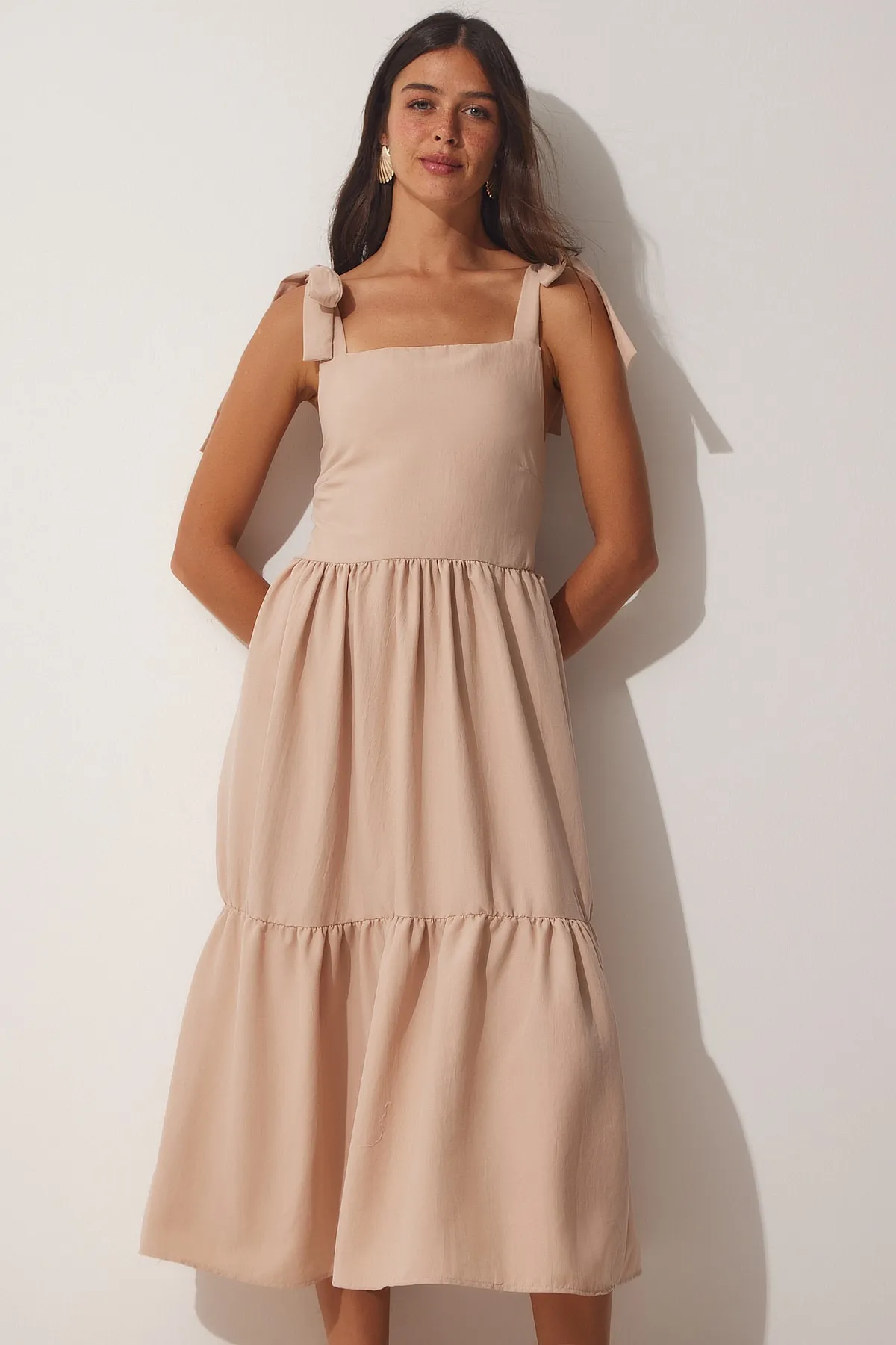 Happiness İstanbul  Cremefarbenes Träger-Sommerkleid aus Popeline für Damen ZH00030