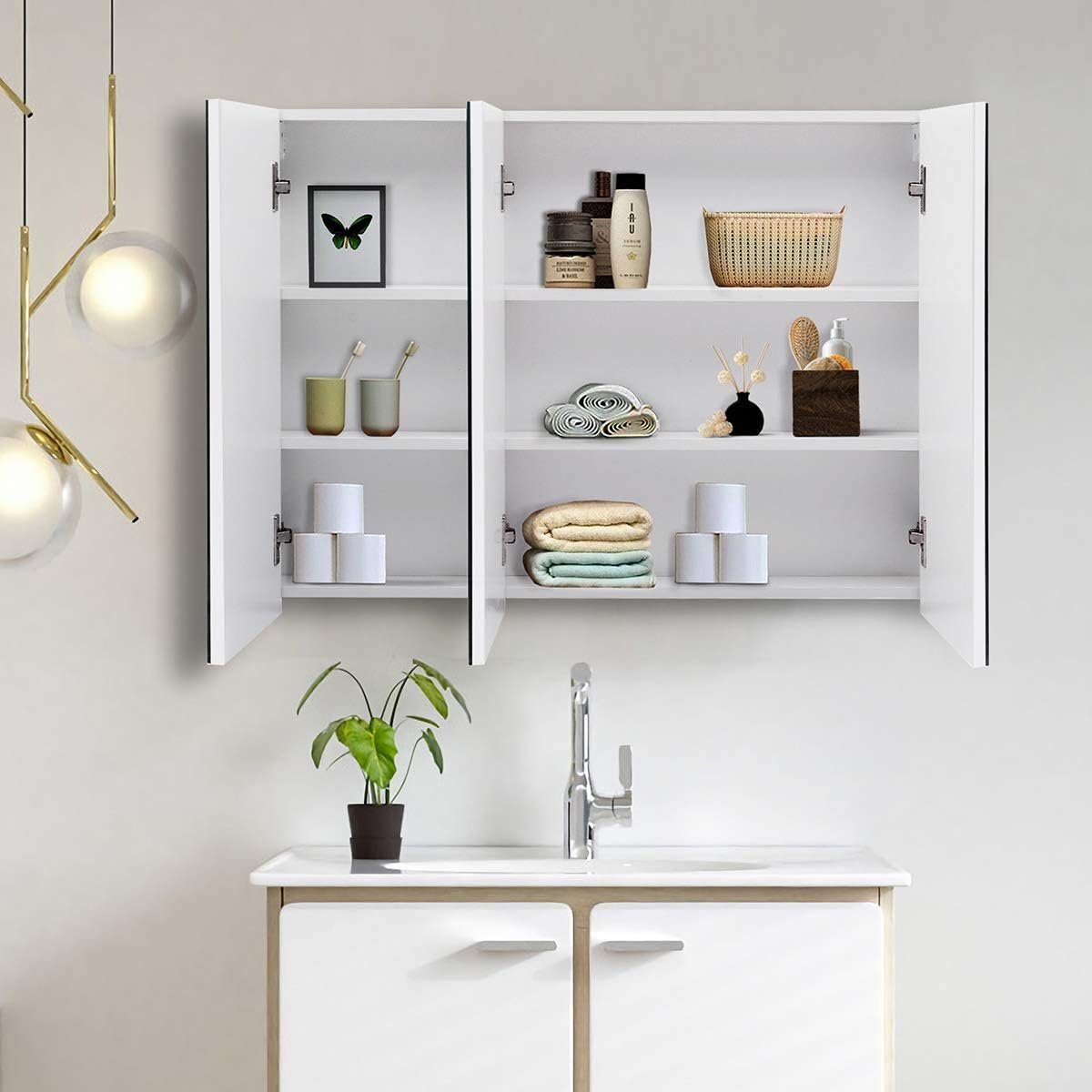 KOMFOTTEU Spiegelschrank mit 3 Türen mit Spiegel, 65 x 11 x 90 cm
