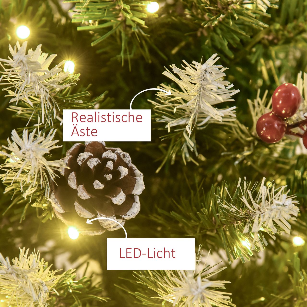 HOMCOM Weihnachtsbaum 1,5 m Christbaum Tannenbaum mit 25 roten Beeren Tannenzapfen LED-Lichter Kunsttanne 408 Zweige PVC Stahl Grün Weiß Ø53 x 150 cm