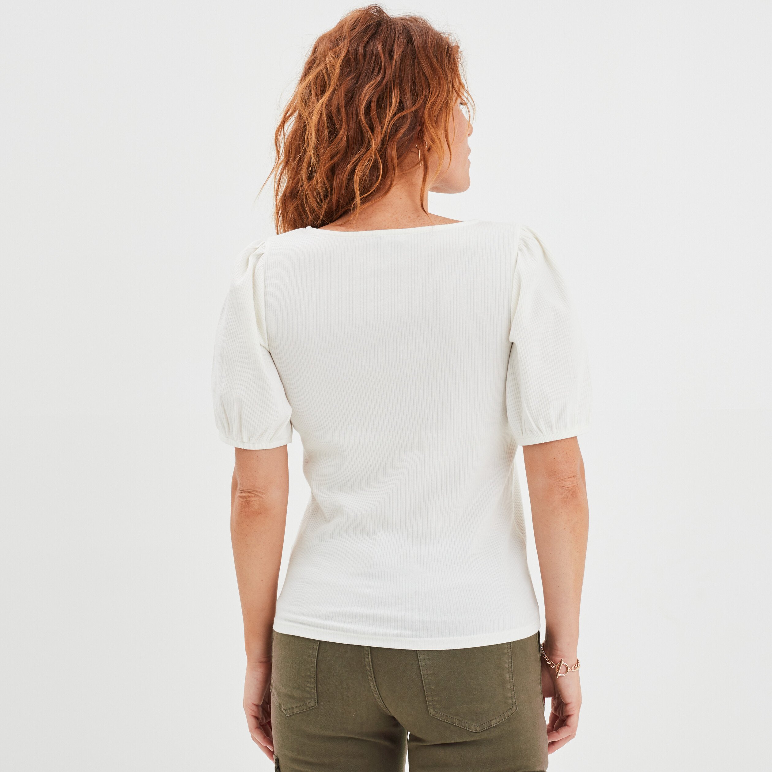 T-shirt manches ballons col en V blanc femme | La Halle
