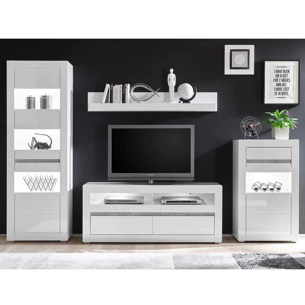 Lomadox Wohnzimmer-Set COGO-61, (Mega-Spar-Set, 2-tlg), weiß Hochglanz und Griffmulden Betonoptik 302x198x42cm