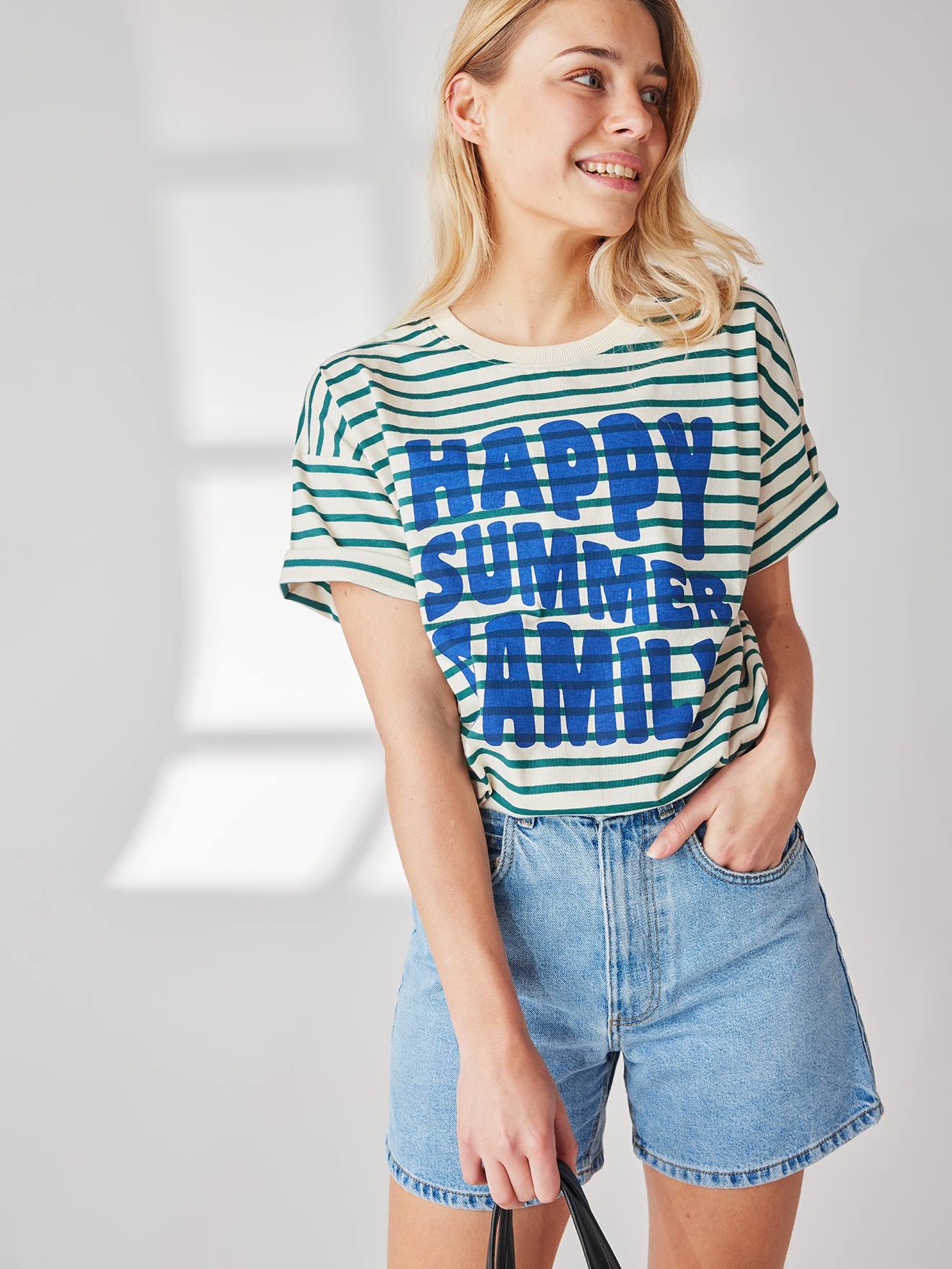Vertbaudet Capsule Collection: Eltern T-Shirt HAPPY SUMMER FAMILY - grün gestreift