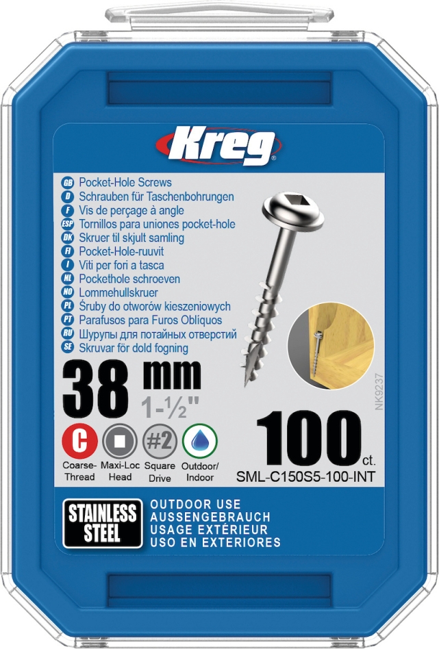 Vis à trous de poche Kreg SML-C150S5-100-INT, 38 mm, acier inoxydable, filetage grossier Maxi-Loc, 100 pièces