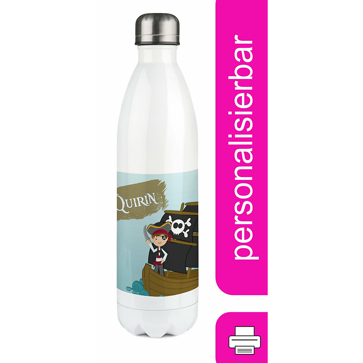 Edelstahl Kinder Thermoflasche / Trinkflasche bunt Pirat Spülmaschinenfest, Auslaufsicher, Bruchfest, Doppelwandig, Für Heißgetränke geeignet, Mit Deckel, Isoliert