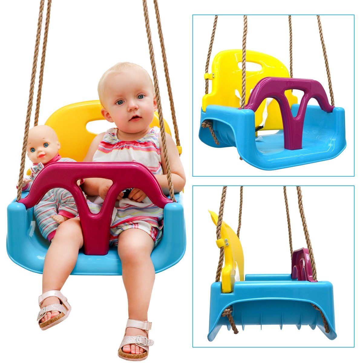 LittleTom Babyschaukel 3-in-1 Kinderschaukel Baby Garten Kinder Indoor, 40x43x33cm Blau-Gelb