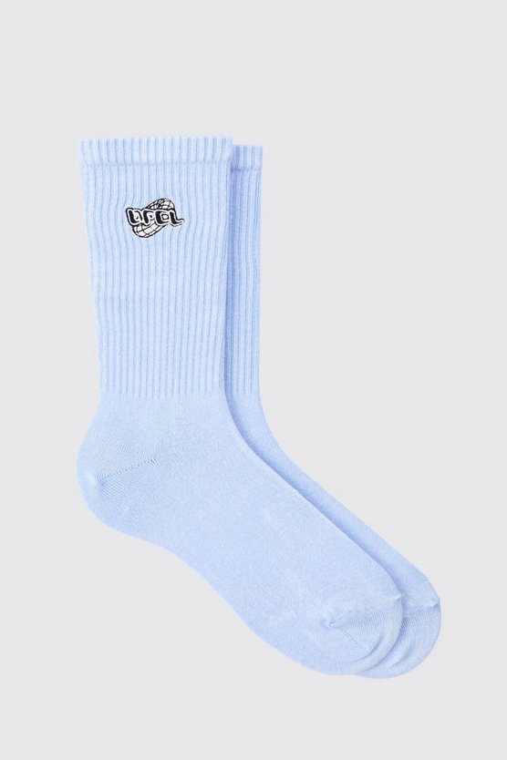 Hellblaue Socken mit Acid-Waschung und Official-Stickerei