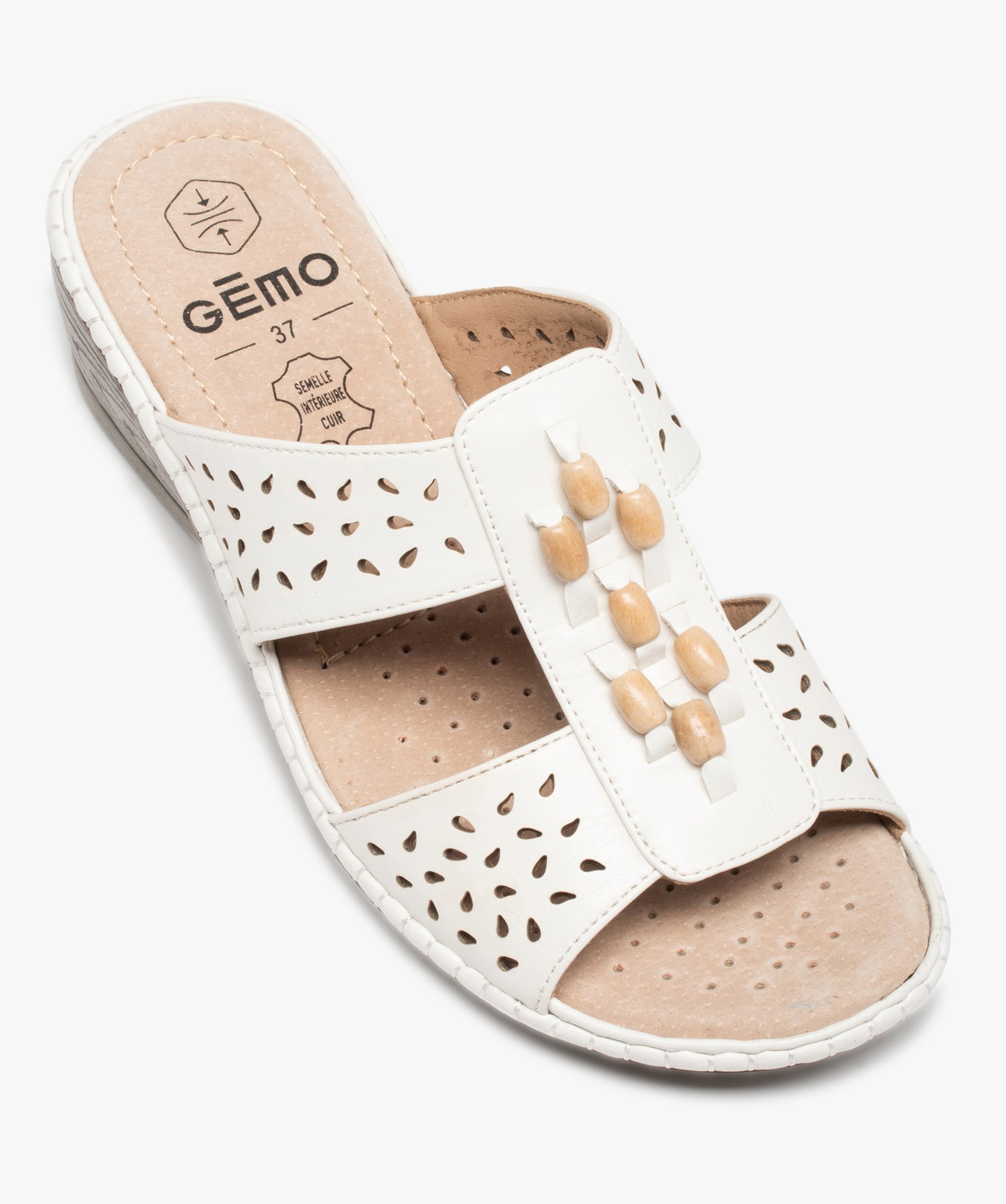 Mules femme confort à brides ajourées et perles en bois ecru | GEMO