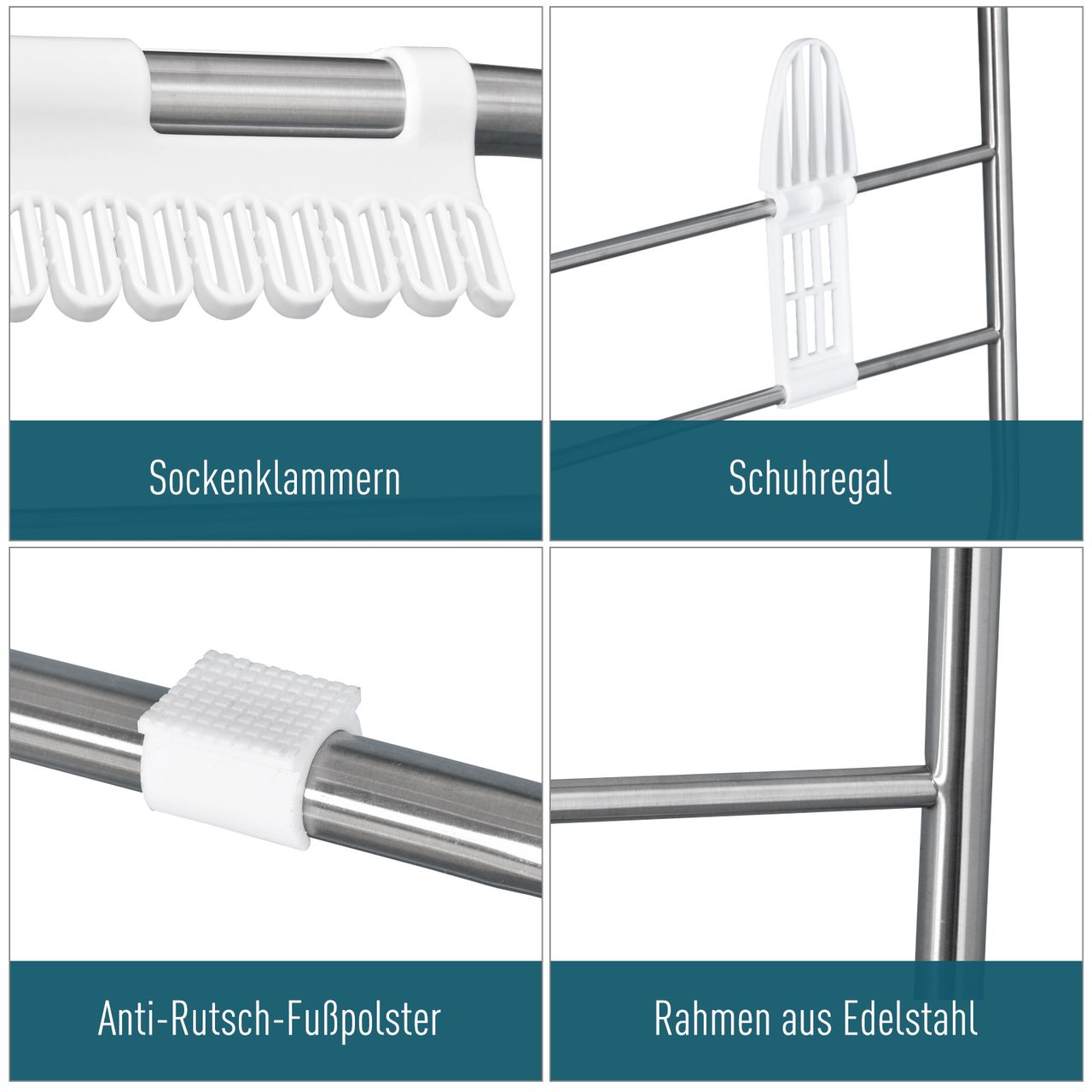 HOMCOM faltbarer Wäscheständer, tragbarer Flügelwäschetrockner, Edelstahl, Kunststoff, Silber, Weiß, 146 x 60,5 x 98 cm