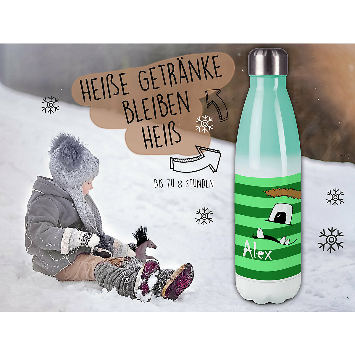 Edelstahl Kinder Thermoflasche / Trinkflasche bunt Monster Streifen Farbe grün Spülmaschinenfest, Auslaufsicher, Bruchfest, Doppelwandig, Für Heißgetränke geeignet, Mit Deckel, Isoliert