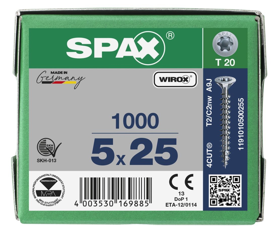 SPAX 1191010500255 Универзални вијак 5 x 25 мм, Пун навој, Упуштена глава, T-STAR plus T20 - 1000 комада