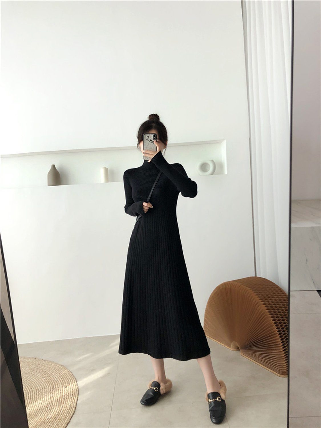 aikidio Stillkleid Strickkleid in A-Linie mit halbem Rollkragen