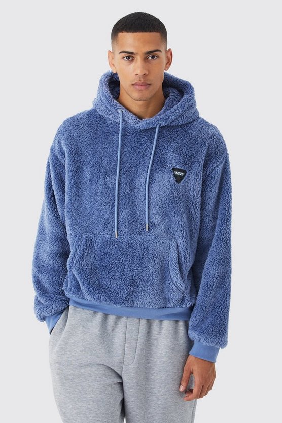 Kastiger Oversize Borg-Hoodie mit Gummi-Etikett