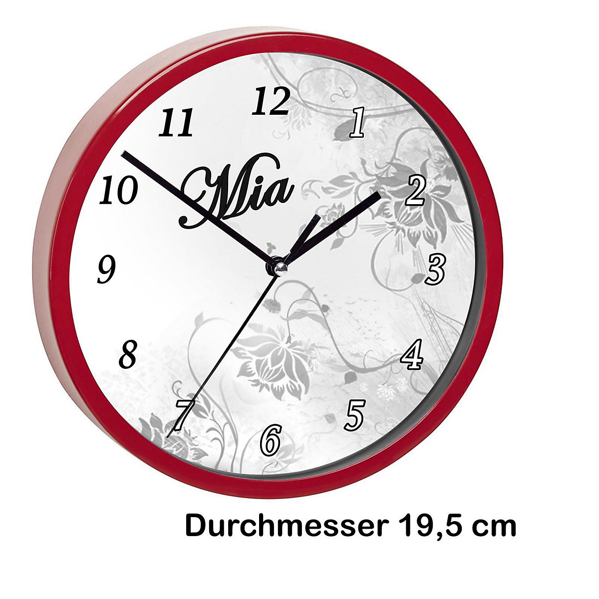 Kinder Wanduhr personalisiert mit Name Blumenranke Grau