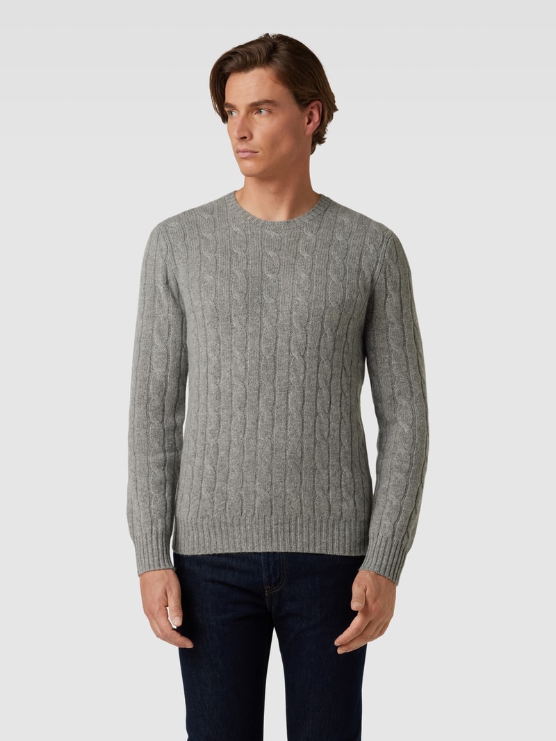 Kaschmirpullover mit Zopfmuster in mittelgrau meliert