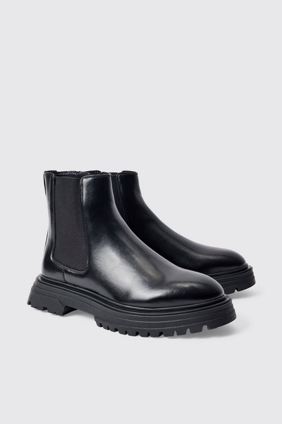 Schwarz PU Chelsea-Stiefel mit klobiger Sohle