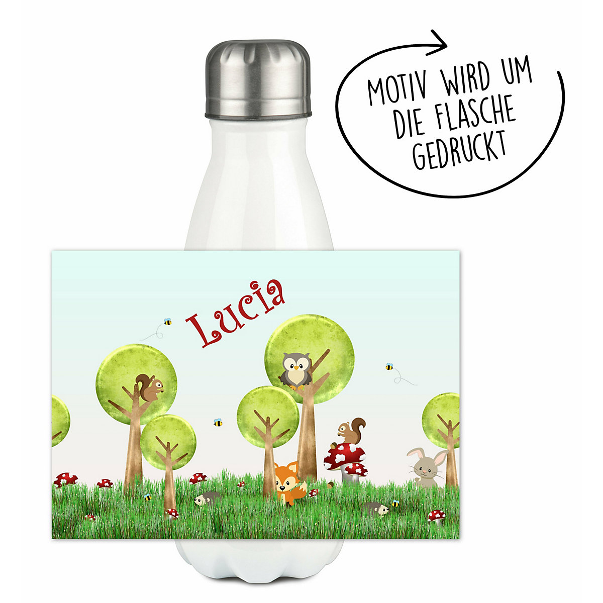 Edelstahl Kinder Thermoflasche / Trinkflasche bunt Waldwiese Spülmaschinenfest, Auslaufsicher, Bruchfest, Doppelwandig, Für Heißgetränke geeignet, Mit Deckel, Isoliert