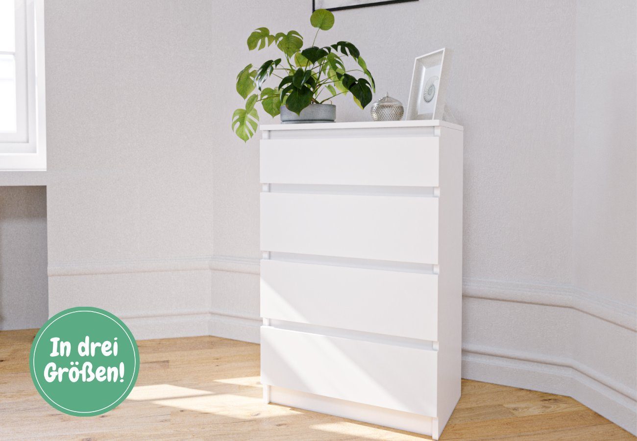 Home Collective Kommode weiß Schlafzimmer Flur Nachttisch, verfügbar in Matt und Hochglanz, Sideboard, Highboard, mit vier Schubladen, Breite 60 cm Höhe 95cm