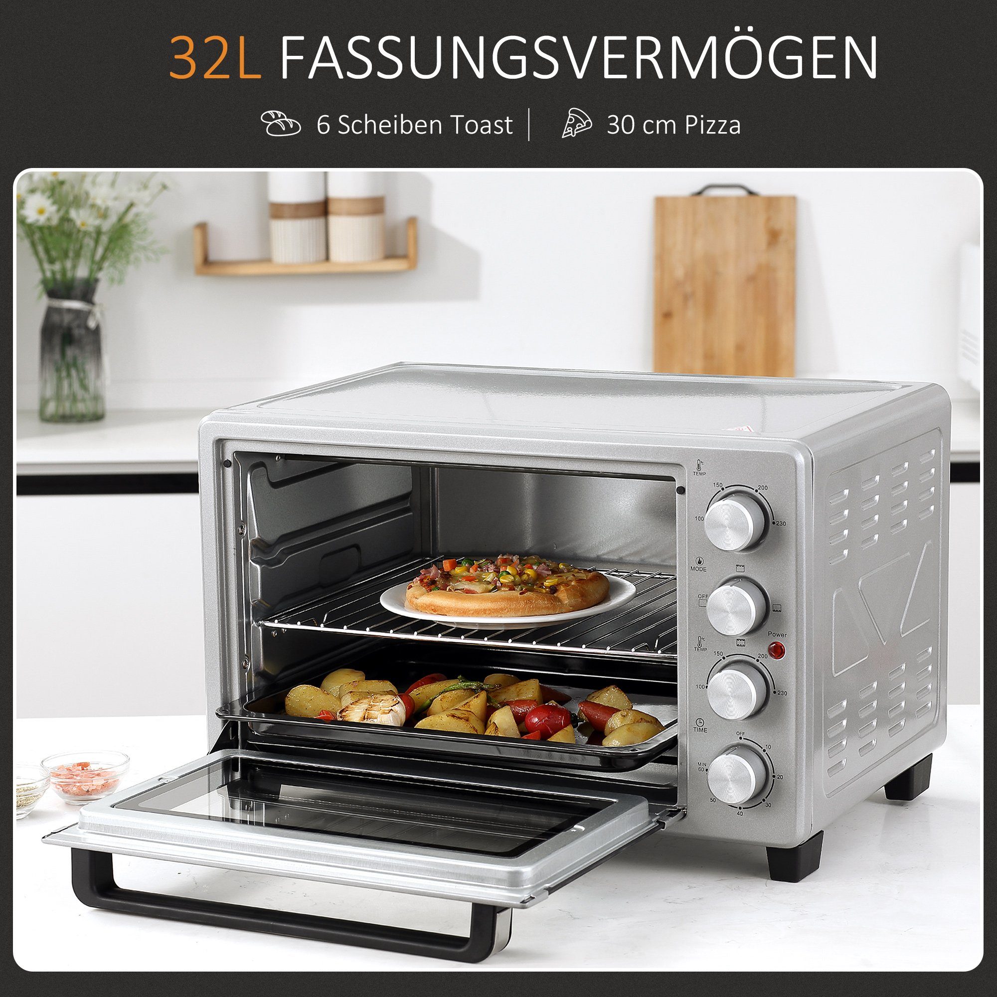 HOMCOM Minibackofen Minibackofen, 32L Elektrischer Mini Ofen Drei Stufen Silber