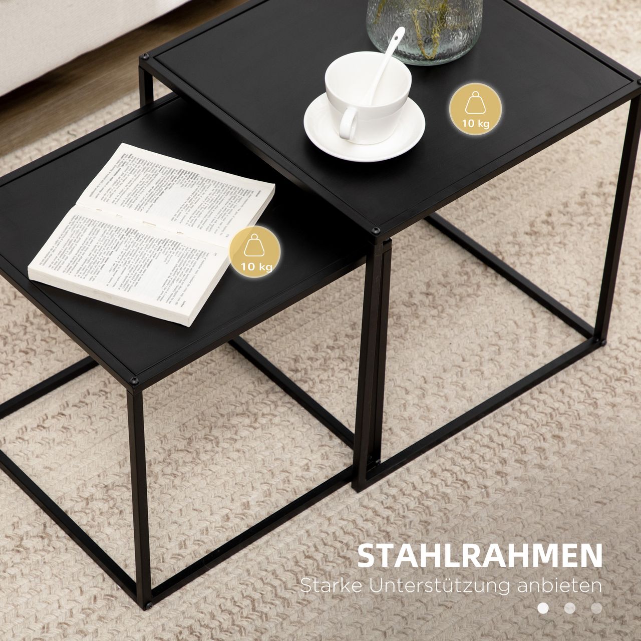 HOMCOM 2er-Set Couchtisch Beistelltisch für Wohnzimmer aus Stahlgestell Schwarz