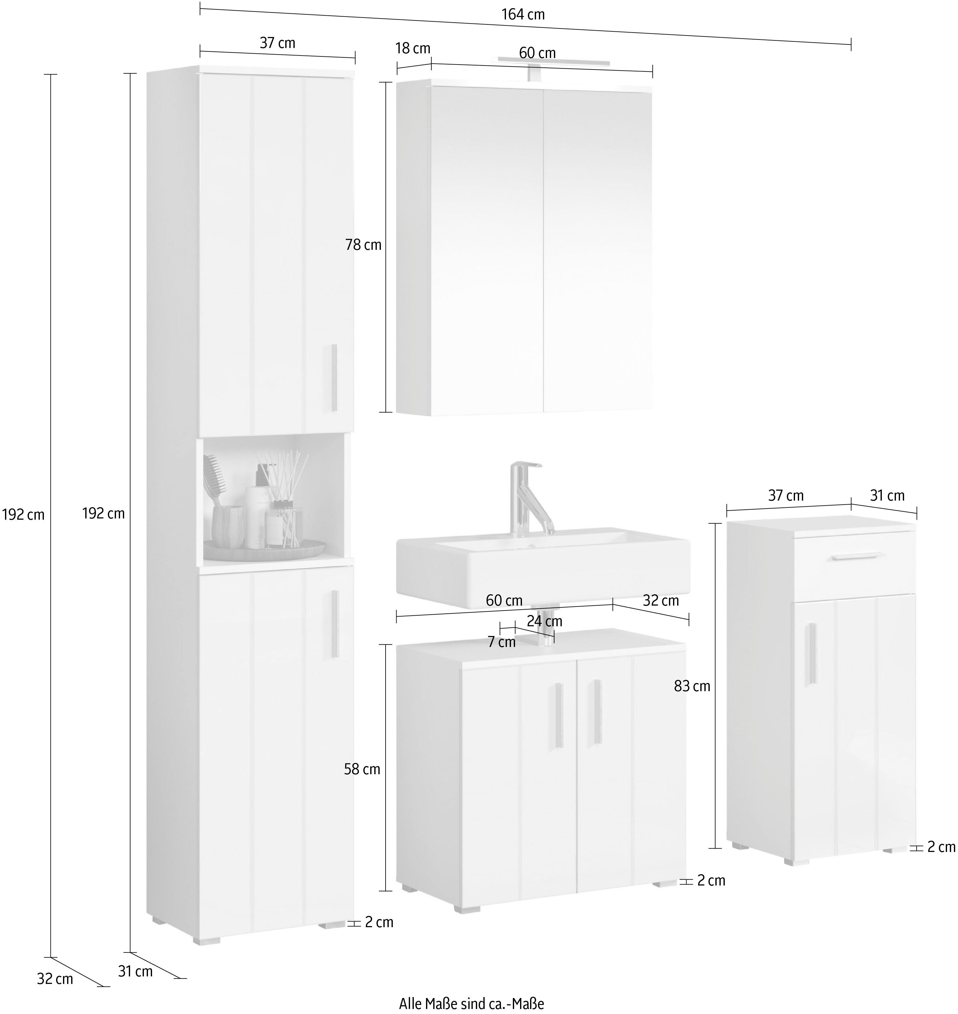 welltime Badezimmer-Set Prag, (Set, 4-St), Hochschrank, Unterschrank, Waschbeckenunterschrank & Spiegelschrank