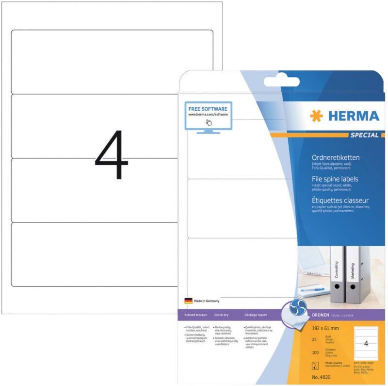 HERMA Ordneretiketten 4826 Weiß DIN A4 192 x 61 mm 25 Blatt à 4 Etiketten