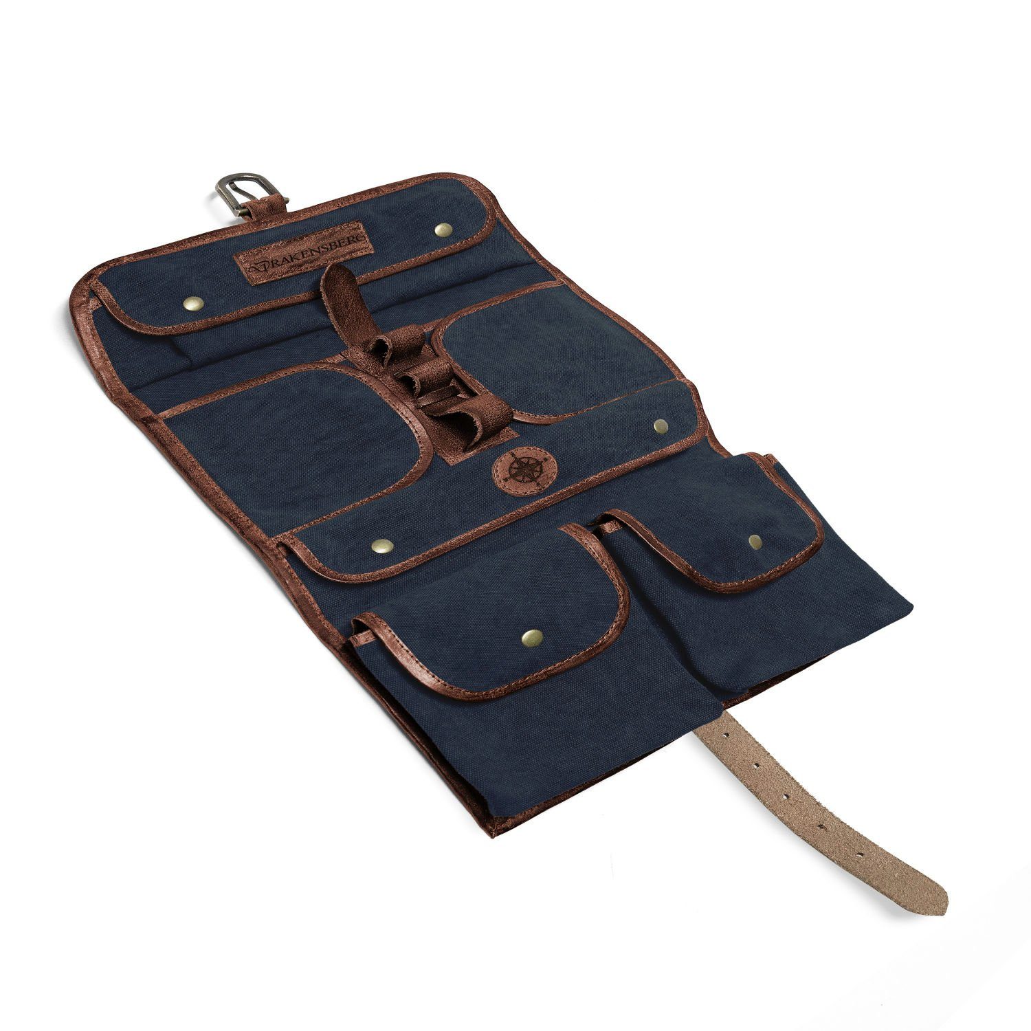 DRAKENSBERG Kulturbeutel zum Aufhängen Sid Marine-Blau, Damen, Herren, rollbare Kulturtasche im Safari-Design, Canvas, Leder