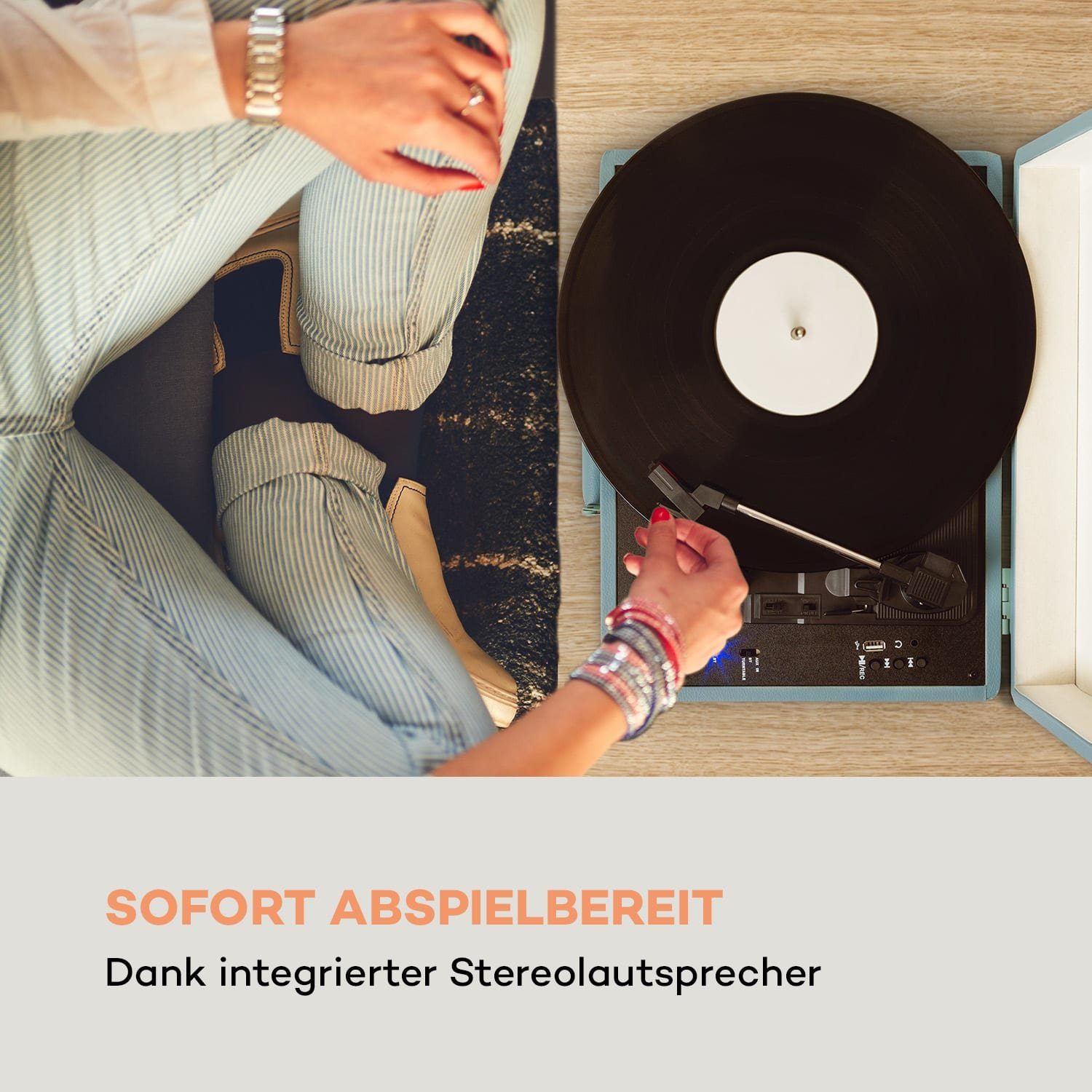 Auna Peggy Sue BT Plattenspieler (Riemenantrieb, Bluetooth, Schallplattenspieler Retro mit Lautsprecher Vinyl Plattenspieler)