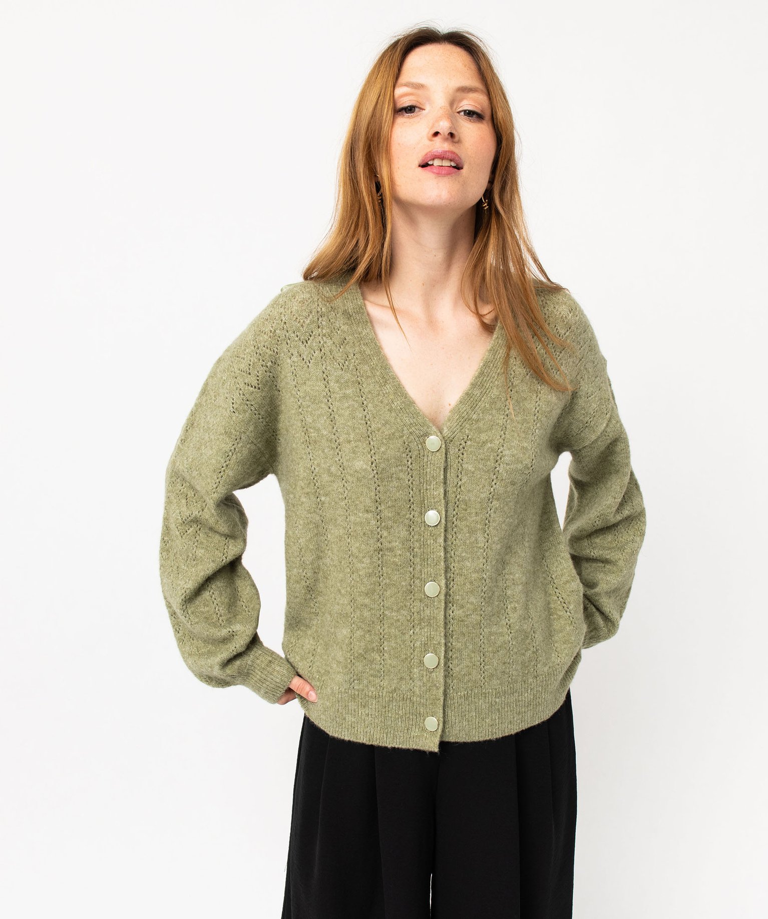 Gilet coupe droite en maille douillette ajourée femme vert | GEMO