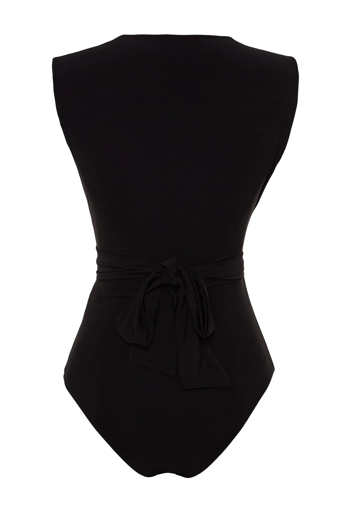 Trendyol Collection  Figurbetonter Stretch-Strickbody mit V-Ausschnitt und Druckknöpfen, Black Tie-Details TWOSS23BD00055