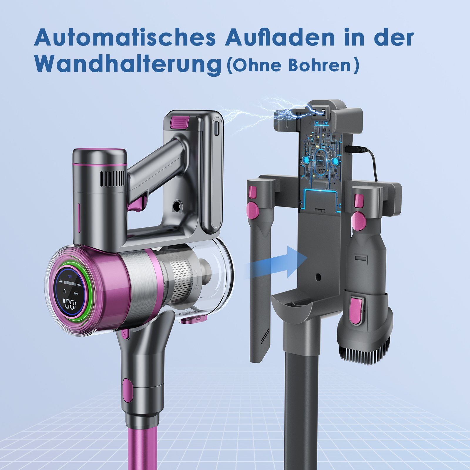 oyajia Akku-Stielstaubsauger Akku Staubsauger mit Smart Touchscreen Automatische Sauganpassung, 250,00 W, beutellos, Mit integrierter Ladestation, 25kPa, 50 Min. Laufzeit