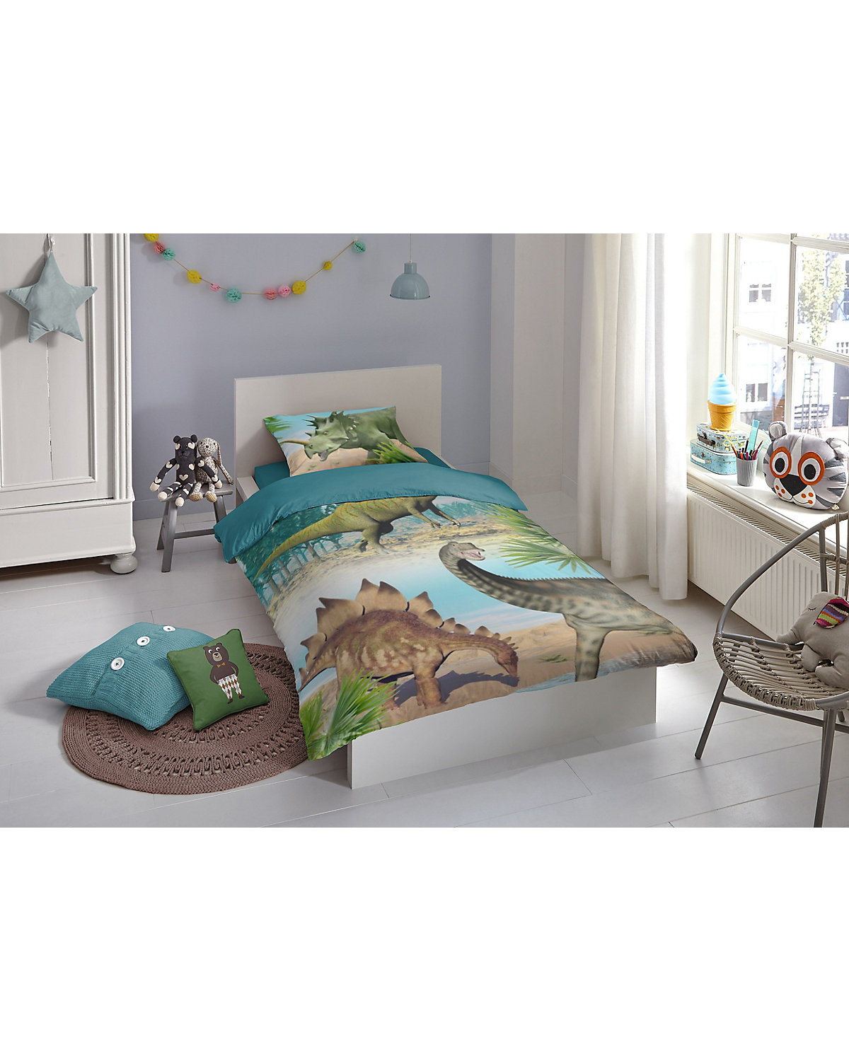Wende-Kinderbettwäsche Dino, Renforcé, 135 x 200 + 80 x 80 cm