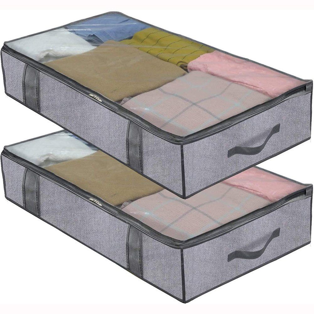 Wunderwelt Aufbewahrungstasche 2 Stück Unterbettkommode (Unterbett Aufbewahrungsbox mit deckel, 1-tlg., Faltbare Kleidung Aufbewahrung Aufbewahrungstasche), für Bettdecken Kleidung Unterbett Kleiderschrank, Grau