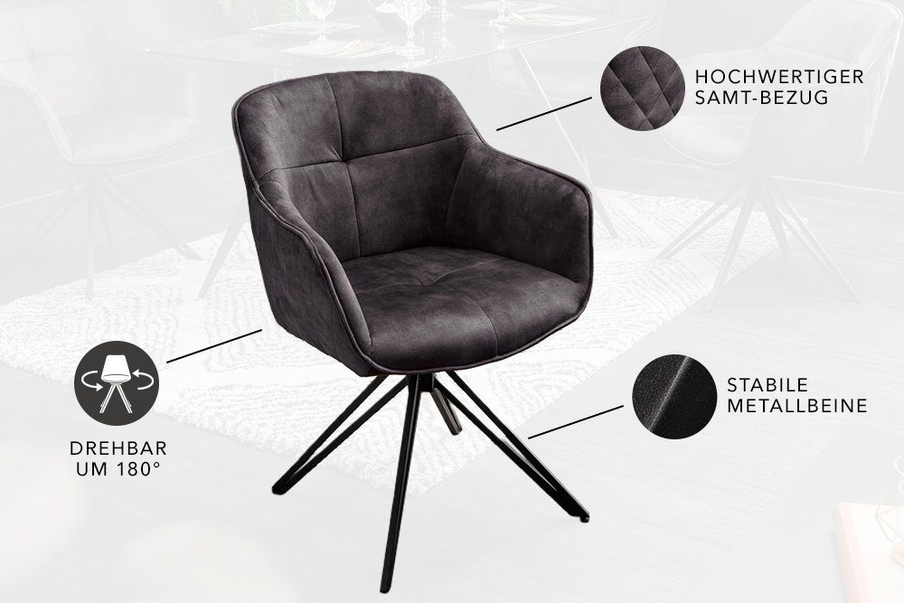 riess-ambiente Polsterstuhl EUPHORIA dunkelgrau / schwarz (Einzelartikel, 1 St), Esszimmer · Samt · Metall · mit Armlehne · 180° drehbar · Retro