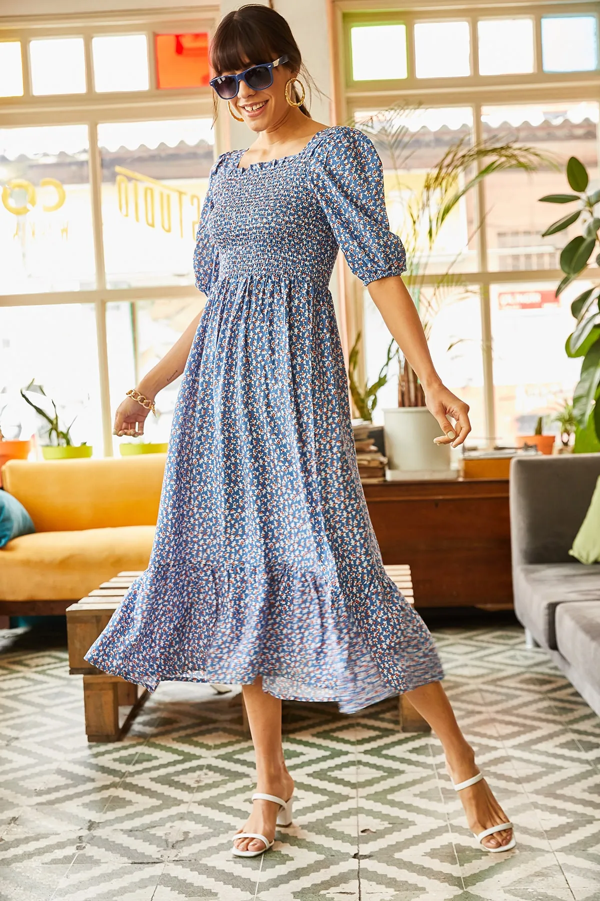 Olalook  Indigo Gimped Lässiges Kleid aus gewebter Viskose für Damen ELB-19001483