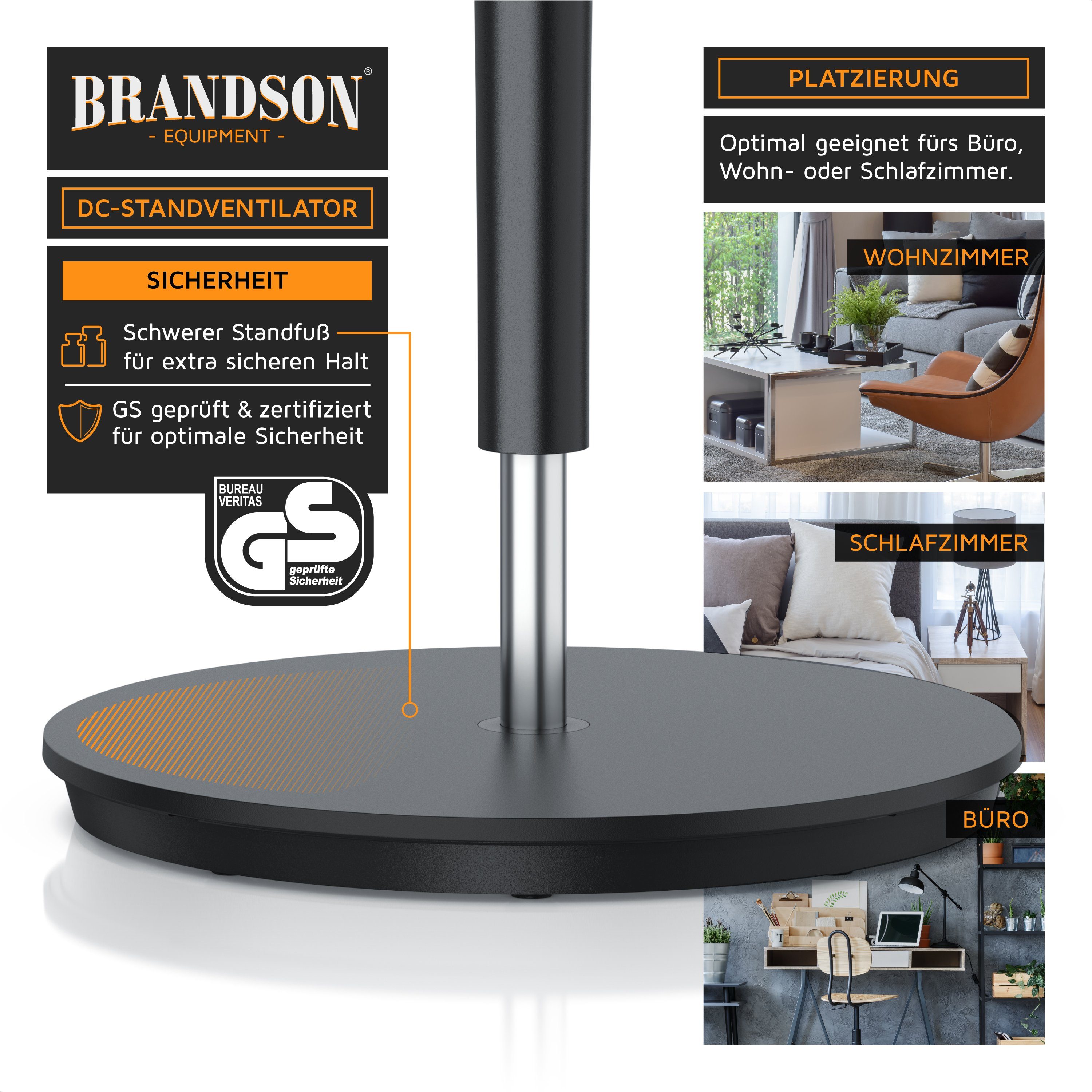 Brandson Standventilator, 40 cm Durchmesser, DC, leise, energiesparend, Oszillation, Timer, 9 Stufen, Fernbedienung