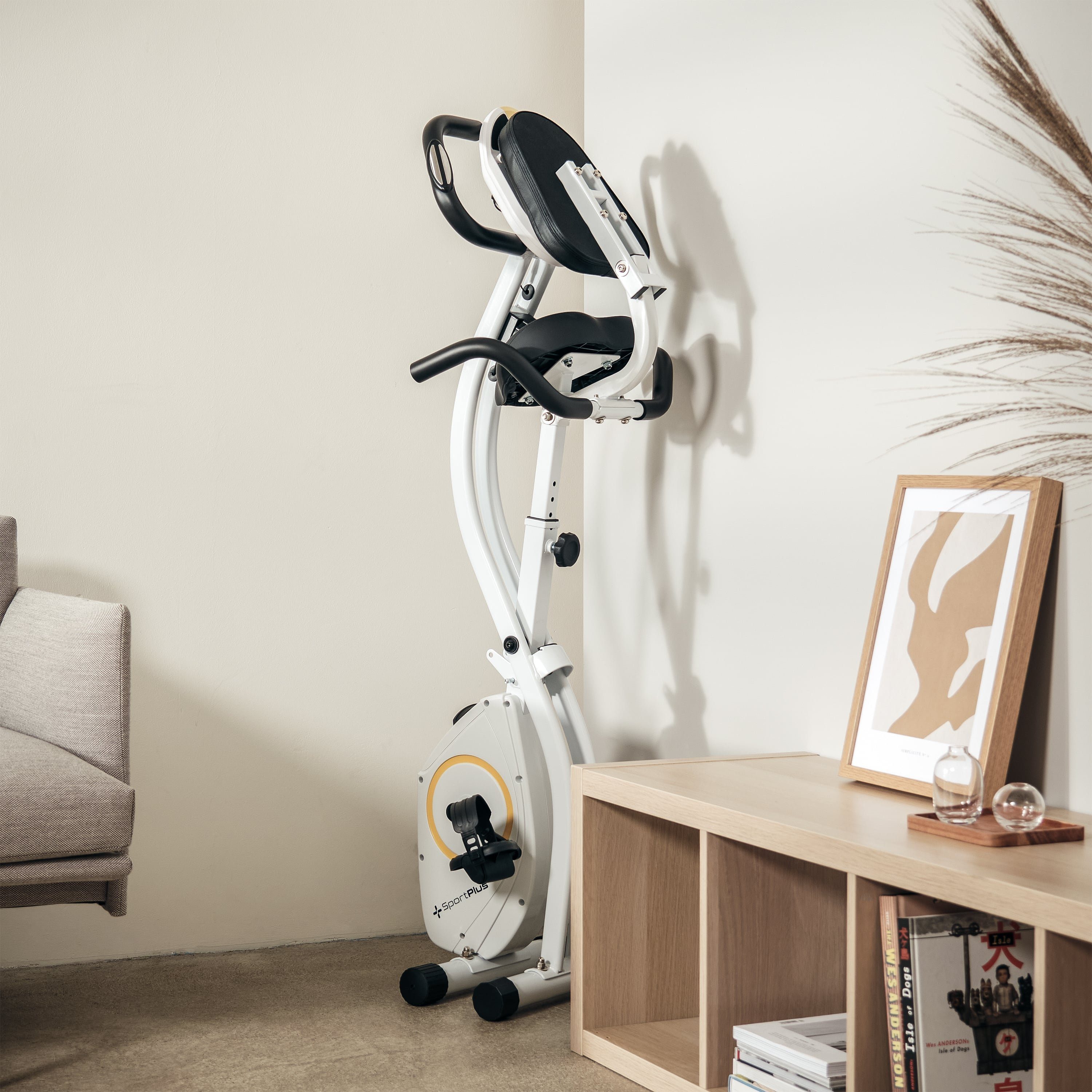 SportPlus Heimtrainer SP-HT-1300-W-iE, Heimtrainer, X-Bike, klappbar für Zuhause, Rückenlehne, 8 Stufen